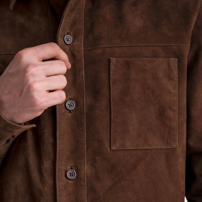 Mens Scout Mocha Suede Leather Shirt Close-Up-9-1724084134378